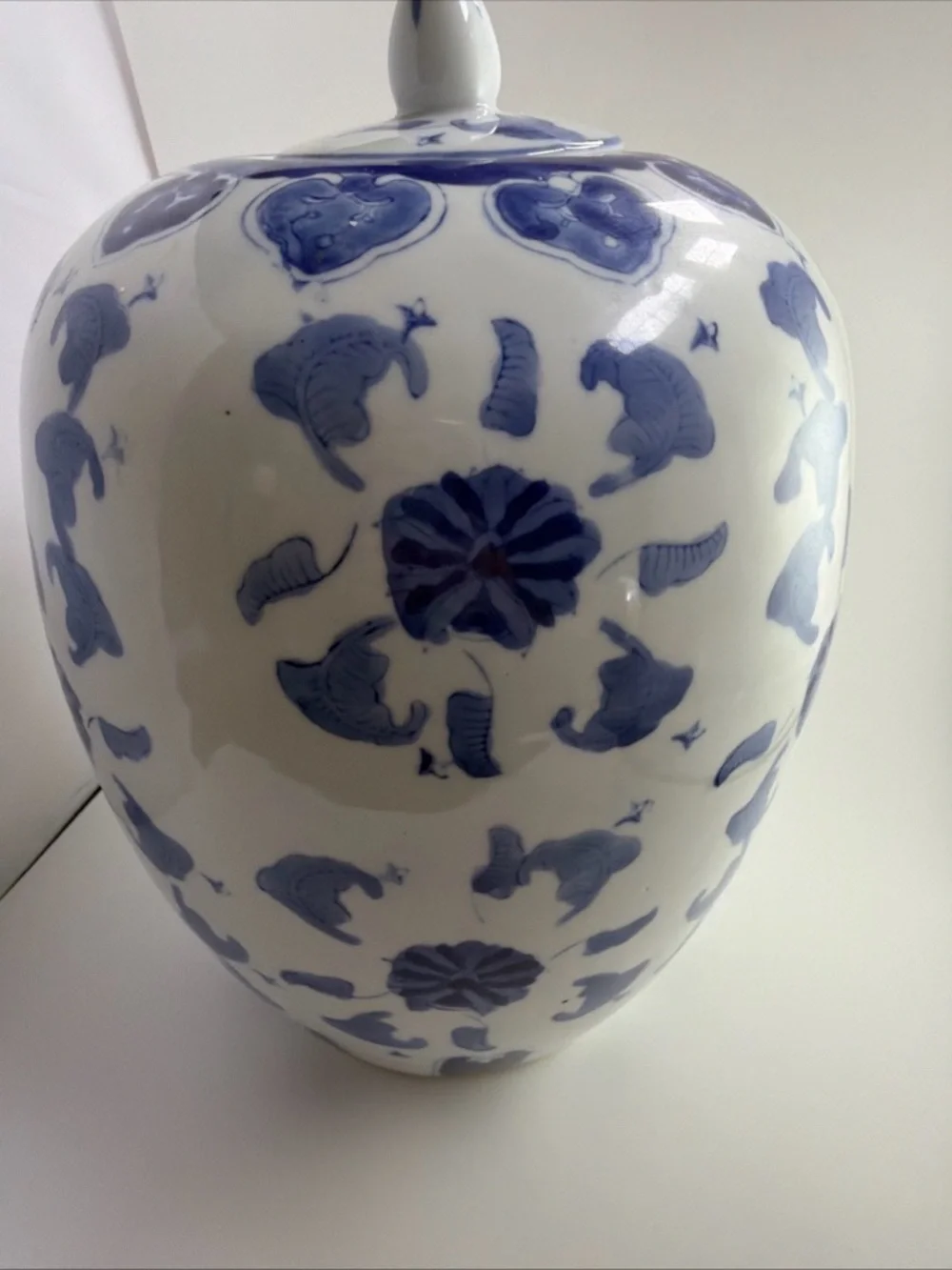 Vintage Chinese Blue and White Porcelain Ginger Jar with Lid 12”